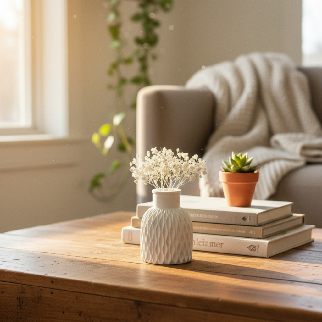 Jarrón Decorativo con Textura Acanalada y Detalle de Cuerda