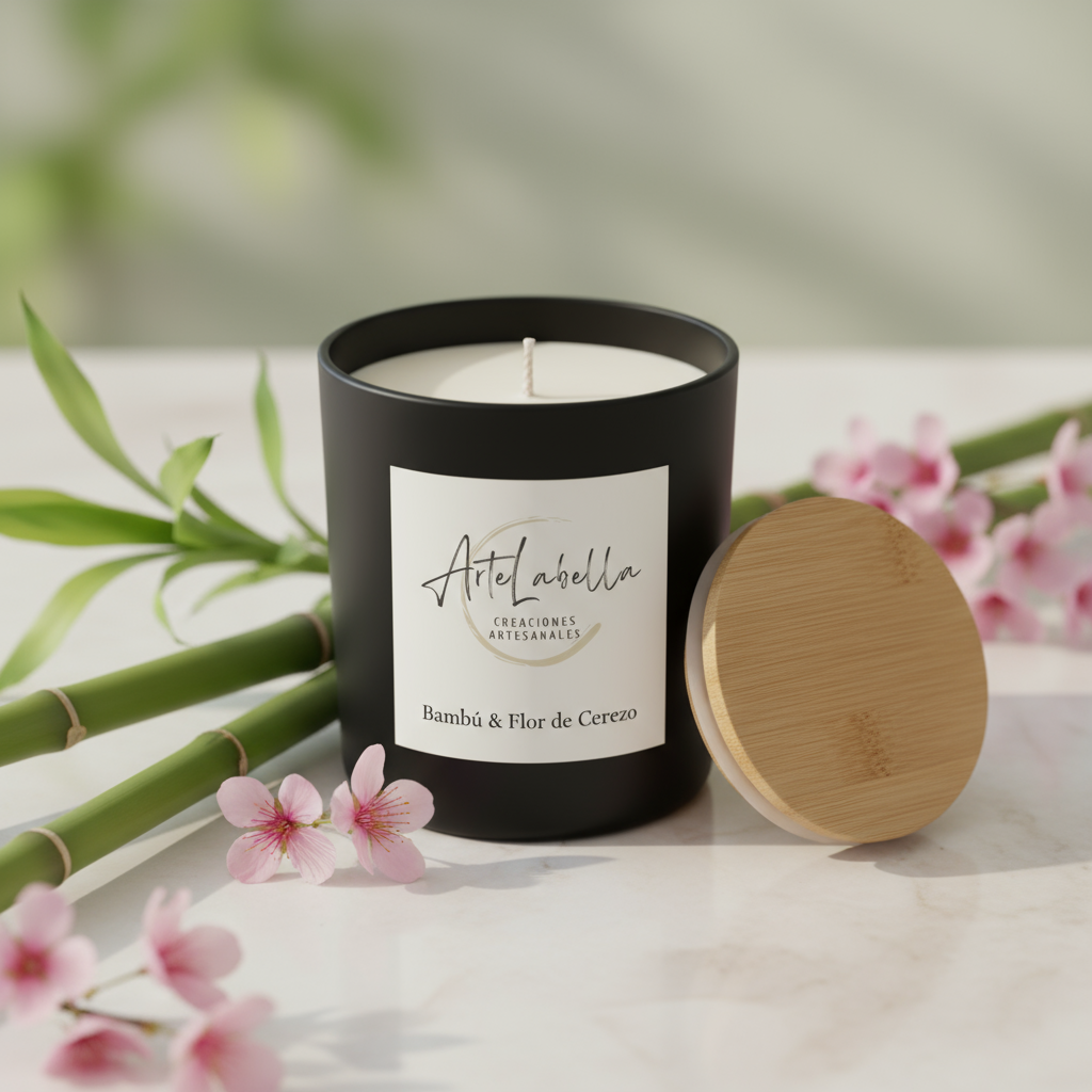 Vela Aromática en Vaso Negro con Tapa de Bambú - 200ml